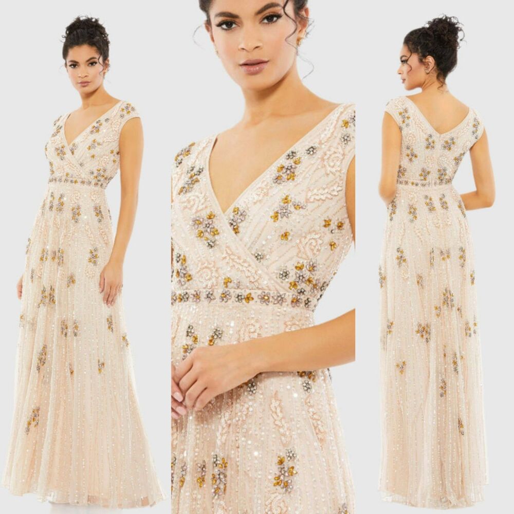 Mac Duggal Embellished Wrap Over Cap Sleeve A-Line Gown 14 Maxi Dress 93575 New